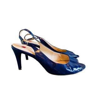 HOGL Patent Navy Peep Toe Sling Back Pumps